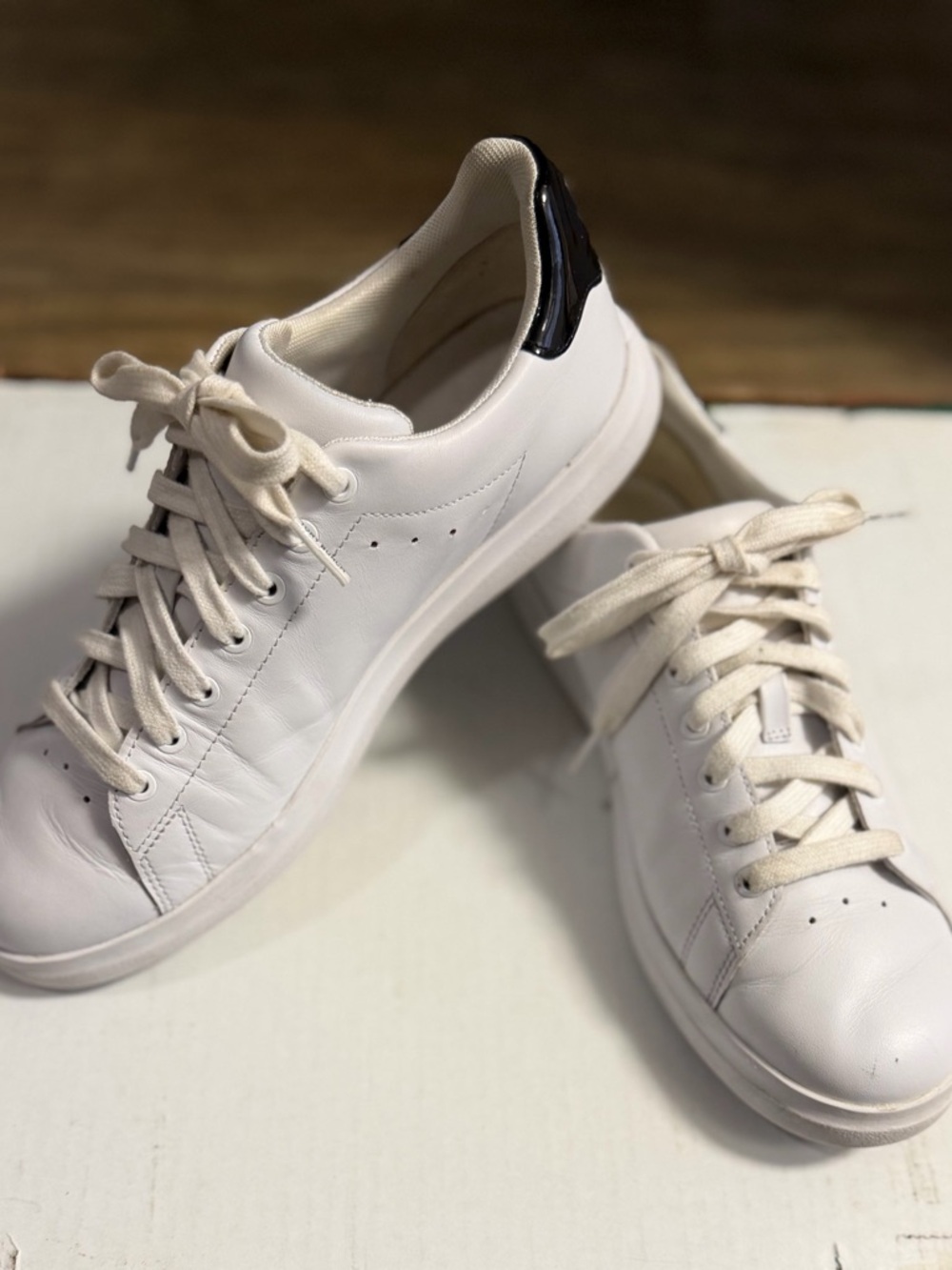Tory Burch Classic White Leather Sneakers with Black Heel Accent